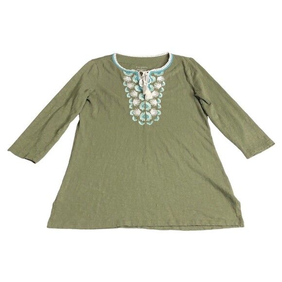 Talbots Top Womens XS Green Embroidered Tunic Split Neck 3/4 Sleeve Tassel Boho - Picture 1 of 11